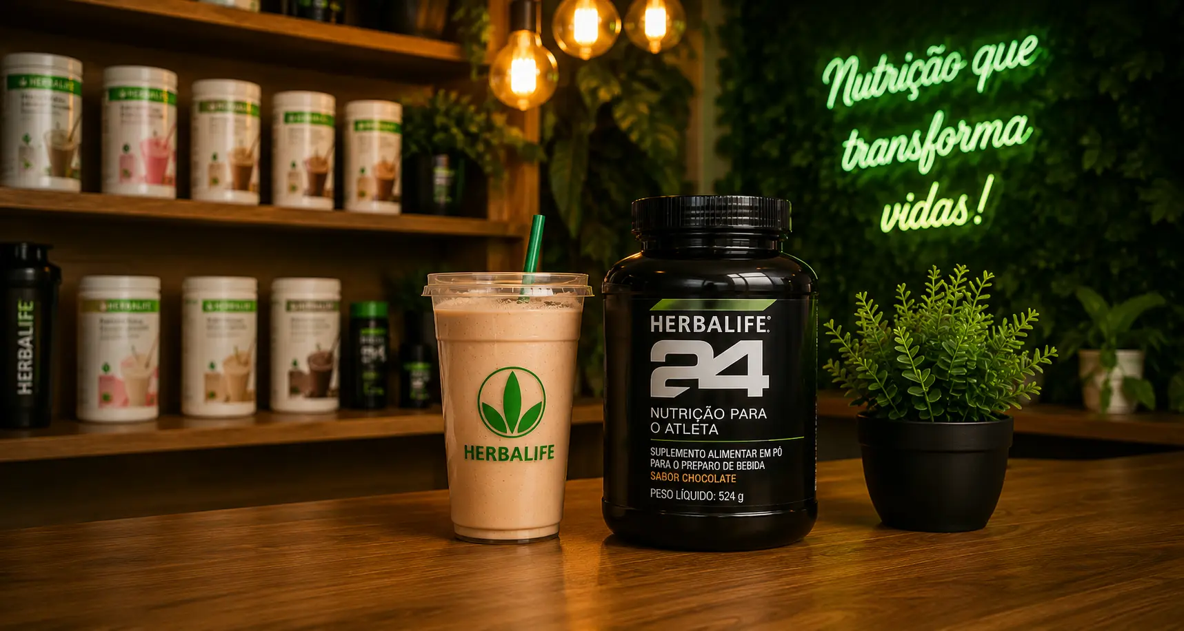 Shake Herbalife, produto Herbalife 24 e planta no balcão do Espaço Vida Saudável