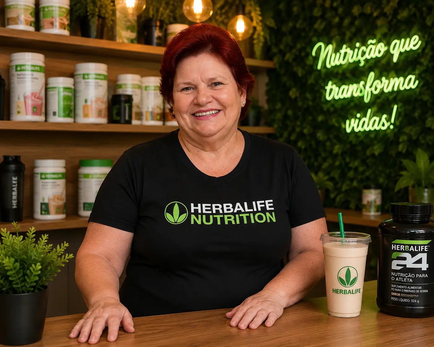 Marlene sorrindo no balcão do Espaço Vida Saudável, com produtos Herbalife ao fundo
